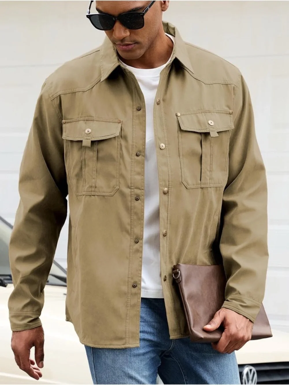 Mens Flannel Linend Shirts Jacket Lightweight Plaid Jackets Snap Button M-Khaki